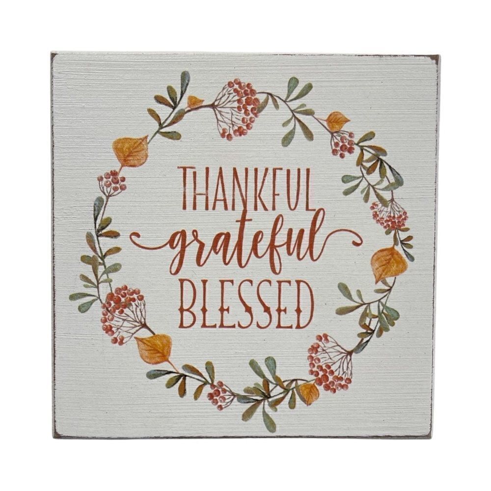 Thankful Grateful Blessed Whitewashed Distressed Wood Sign Quill to Paper NWT